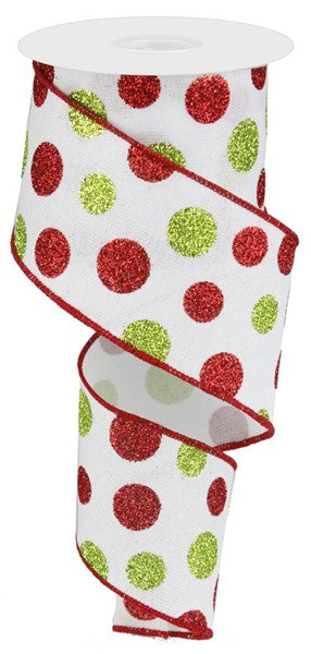 Multi Size Glitter Polka Dot Wired Ribbon : White Red Green - 2.5 Inches x 100 Feet (33.3 Yards)