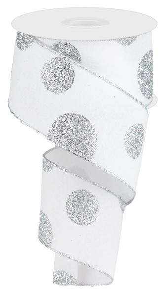 Polka Dot Glitter Wired Ribbon : White and Silver - 2.5 Inches x 100 Feet (33.3 Yards)