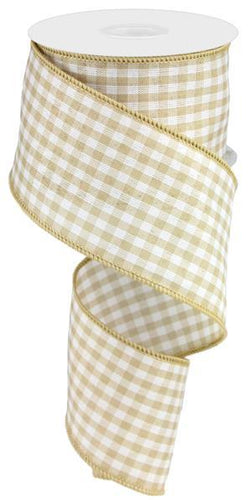 Gingham Check Wired Ribbon : White Tan Beige - 2.5 Inches x 50 Yards (150 Feet)
