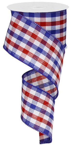 Check, Red/White/Blue, 100% Polyester, Wired Ribbon - 2.5 inches x 50 yards (150 Feet)