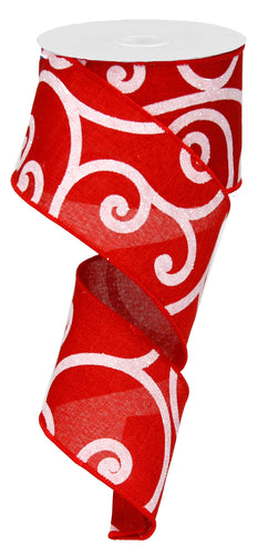 Bold Scroll Royal Wired Ribbon - Christmas - RED/White - 2.5 inches x 50 yards (150 Feet)