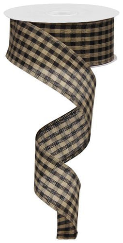 Gingham Check Wired Ribbon Black Tan Beige - 1.5 Inches x 50 Yards (150 Feet)