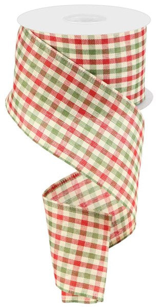 Gingham Check Christmas Fall Wired Ribbon, Red, Moss, Ivory - 2.5 inches x 50 yards (150 Feet)