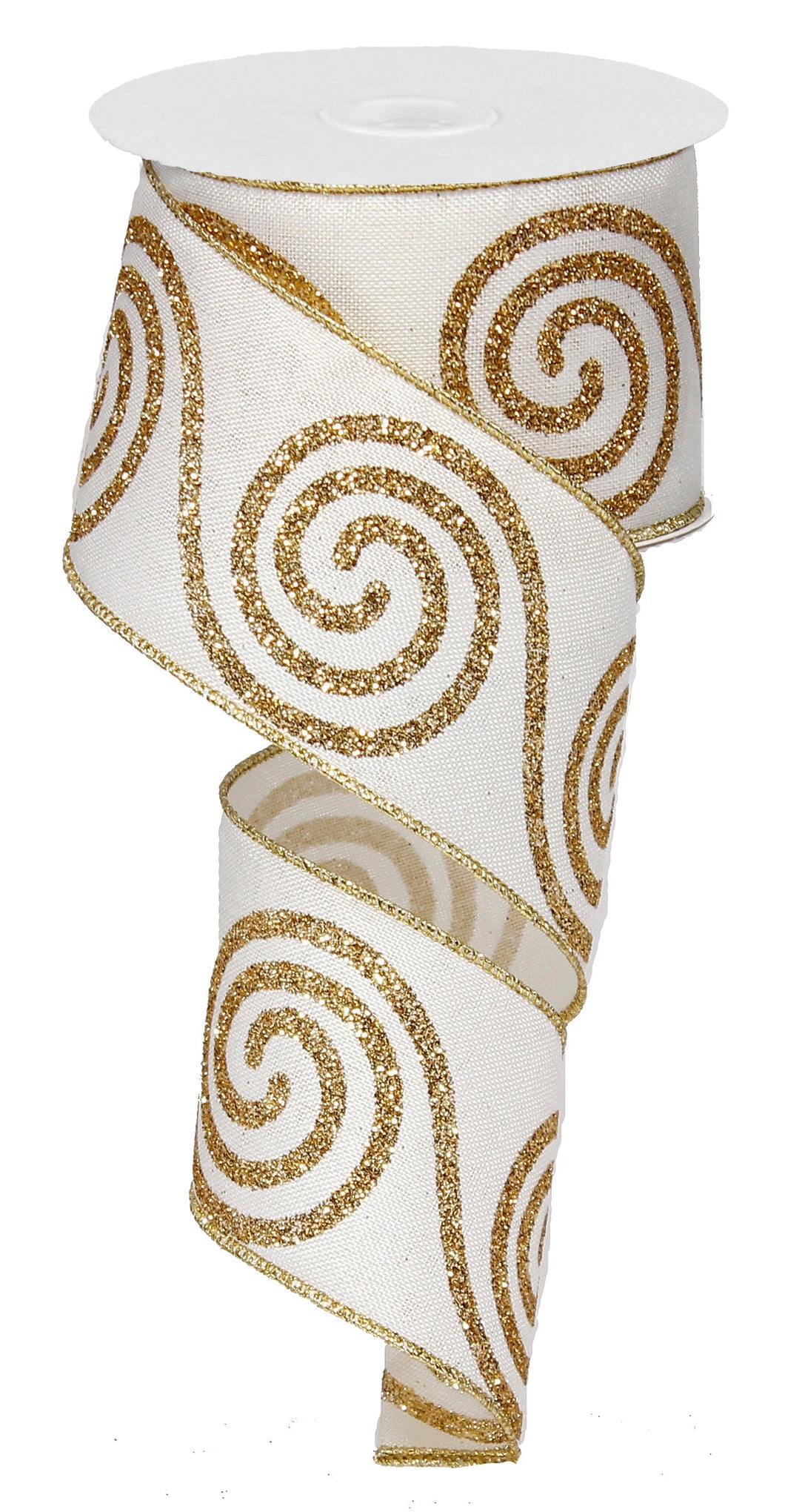 Glitter Large Swirl Wired Ribbon : Ivory Cream Gold - 2.5 Inches x 50 Yards (150 Feet)