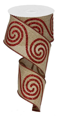 Glitter Large Swirl Wired Ribbon : Burlap Beige Natural Red - 2.5 Inches x 50 Yards (150 Feet)