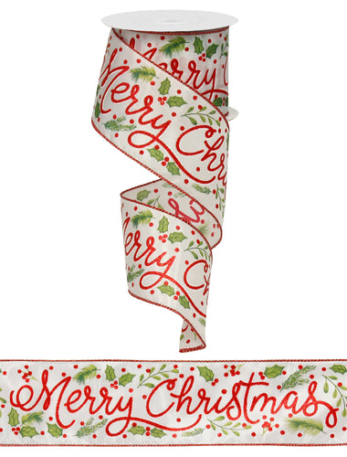 Merry Christmas Holly Wired Ribbon : White Red Green - 2.5 Inches x 50 Yards (150 Feet)