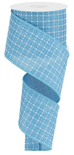 Turquoise Blue White Raised Stitched Plaid Wired Ribbon - 2.5 inches x 50 yards (150 Feet)