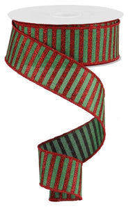 Glitter Stripe Wired Ribbon : Emerald Green Red - 1.5 Inches x 50 Yards (150 Feet)