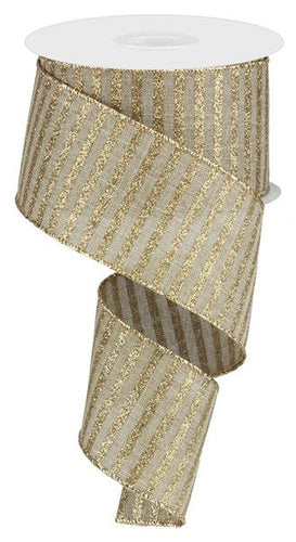 Glitter Stripe Wired Ribbon : Beige Gold - 2.5 Inches x 50 Yards (150 Feet)