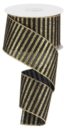 Black and Gold Glitter Stripes Wired Ribbon - Christmas Decorations - 2.5 inches x 50 yards (150 Feet)