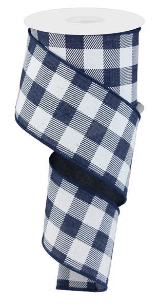 Plaid Check Wired Ribbon : Navy Blue, White - 2.5 Inches x 50 Yards (150 Feet)