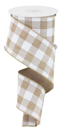 Plaid Check Wired Ribbon : Light Tan Beige White - 2.5 Inches x 50 Yards (150 Feet)