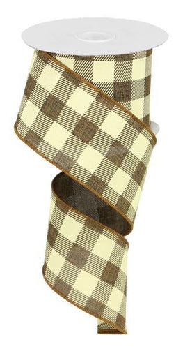 Plaid Check Wired Ribbon : Brown Ivory - 2.5 Inches x 50 Yards (150 Feet)