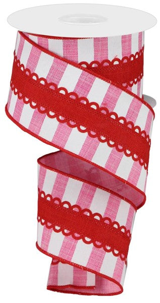 Royal Lace on Horizontal Stripe Valentine's Day Wired Ribbon (Pink, Red, White) 2.5 Inches x 10 Yards (30 Feet)