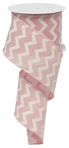 Chevron Wired Ribbon : Light Pink, White - 2.5 Inches x 10 Yards (30 Feet)