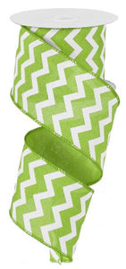 Chevron Wired Ribbon : Lime Green, White - 2.5 Inches x 10 Yards (30 Feet)