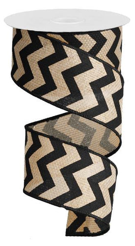 Chevron Wired Ribbon : Black, Natural Beige - 2.5 Inches x 10 Yards (30 Feet)