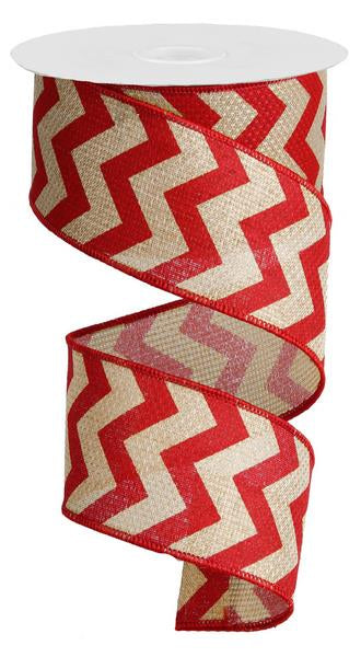 Chevron Wired Ribbon : Red Burlap Linen - 2.5 Inches x 10 Yards (30 Feet)