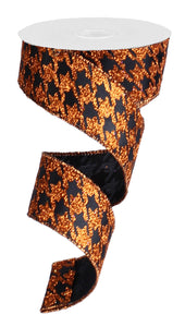 Glitter Houndstooth Wired Ribbon: orange black - 1.5 inches x 10 yards (30 feet)