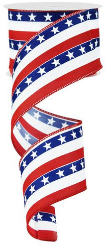 Flag print wired ribbon : red white blue - 2.5 Inches x 10 Yards (30 Feet)