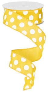 Polka Dot Satin Wired Ribbon : Yellow White - 1.5 Inches x 10 Yards (30 Feet)