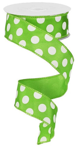 Polka Dot Satin Wired Ribbon : Lime Green White - 1.5 Inches x 10 Yards (30 Feet)