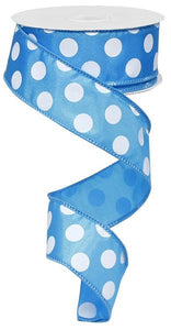Polka Dot Satin Wired Ribbon : Turquoise Blue, White - 1.5 Inches x 10 Yards (30 Feet)