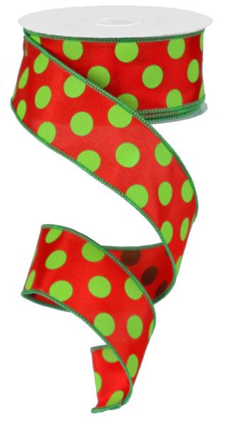 Polka Dot Satin Wired Ribbon : Red, Lime Green Christmas - 1.5 Inches x 10 Yards (30 Feet)