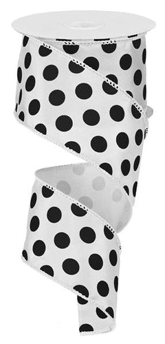 Polka Dot Satin Wired Ribbon : Black White - 2.5 Inches Inches x 10 Yards (30 Feet)