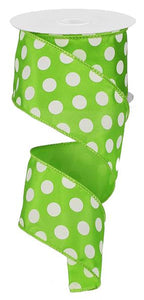Polka Dot Satin Wired Ribbon : Lime Green, White - 2.5 Inches x 10 Yards (30 Feet)