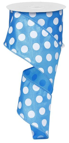 Polka Dot Satin Wired Ribbon : Blue White - 2.5 Inches Inches x 10 Yards (30 Feet)