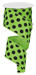 Polka Dot Satin Wired Ribbon : Lime Green, Black - 2.5 Inches Inches x 10 Yards (30 Feet)