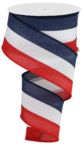 3 in 1 Striped Canvas Wired Ribbon : Red White Navy Blue - 2.5 inches x 10 yards (30 feet)