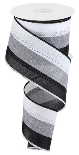 3 in 1 Striped Canvas Wired Ribbon : Black White Grey Gray - 2.5 inches x 10 yards (30 feet)