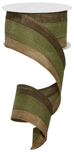 3 in 1 Striped Canvas Wired Ribbon : Brown Moss Fern Green Tan Beige - 2.5 inches x 10 yards (30 feet)