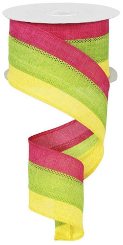 3 in 1 Striped Canvas Wired Ribbon : Yellow, Lime Green, Hot Pink - 2.5 inches x 10 yards (30 feet)