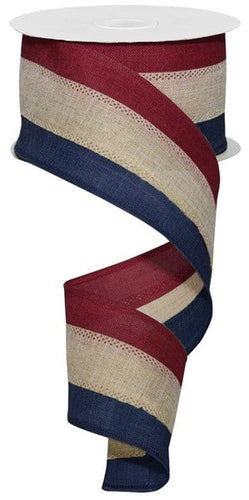 3 in 1 Striped Canvas Wired Ribbon : Burgundy Red, Tan Beige, Navy Blue - 2.5 inches x 10 yards (30 feet)