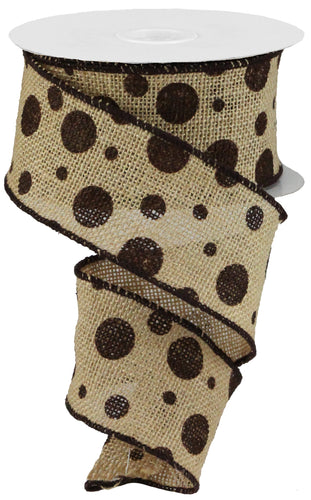 Polka Dot Burlap Wired Ribbon, Natural with Chocolate Brown, 2.5 inches x 10 yard