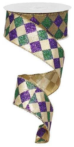 Harlequin Glitter Diamond Ribbon : Purple Green Gold Mardi Gras - 1.5 Inches x 10 Yards (30 Feet)