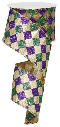 Harlequin Glitter Diamond Ribbon : Purple Green Gold Mardi Gras - 2.5 Inches x 10 Yards (30 Feet)