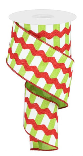 Ric Rac on Stripes Canvas Wired Ribbon : Lime Green White Red - 2.5 Inches x 10 Yards (30 Feet)