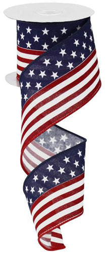 Stars and Striped Flag Wired Ribbon : Beige, Navy Blue - 2.5 Inches x 50 Yards (150 Feet)