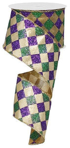Mardi Gras Harlequin Glitter Diamond Ribbon : Purple, Green & Gold 2.5 Inches X 50 Yards (150 Feet)
