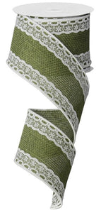 Lace Cross Burlap Royal Wired Ribbon (Moss, White) 2.5" x 10 Yards