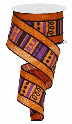 Orange Loopy Stripes and Dots Halloween Ribbon : Orange Purple & Black - 2.5 Inches x 10 Yards (30 Feet)
