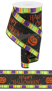 Happy Halloween Jack O Lantern Canvas Wired Edge Ribbon : Black, Orange, Purple, Lime Green - 4" x 10 Yards (30 Feet)