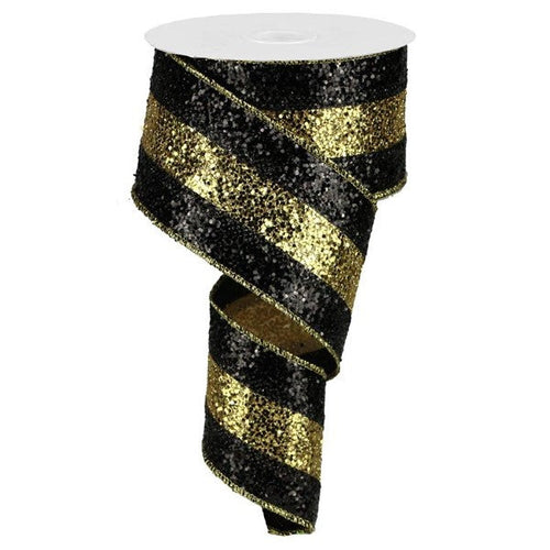 Large Glitter Stripe Wired Ribbon - 10 Yards (Black, Gold, 2.5 Inches)