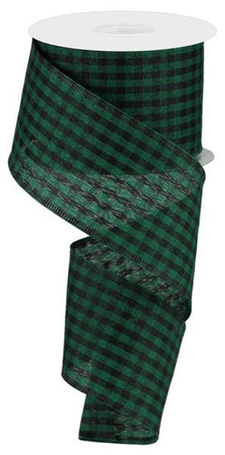 Christmas Gingham Check Stripe Canvas Wired Ribbon - 10 Yards (Black, Emerald Green, 2.5 Inches)