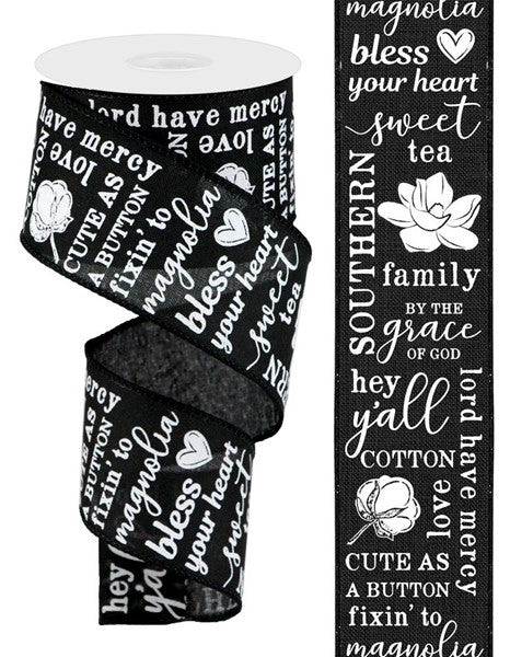 Southern Charm Wired Ribbon : Black White -  2.5 Inches x 10 Yards (30 Feet)