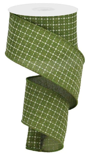 Moss Green Cream Raised Stitched Squares Wired Ribbon (2.5 Inches x 10 Yards (30 Feet))